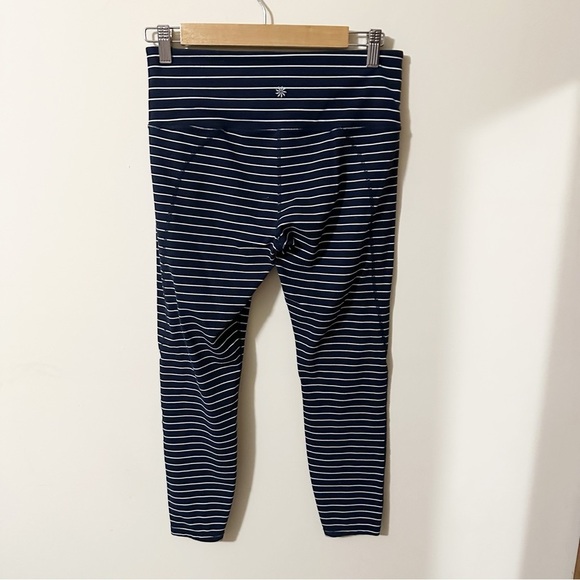Athleta Womens Navy Blue White Striped Capri Leggings Size Medium - Picture 2 of 11
